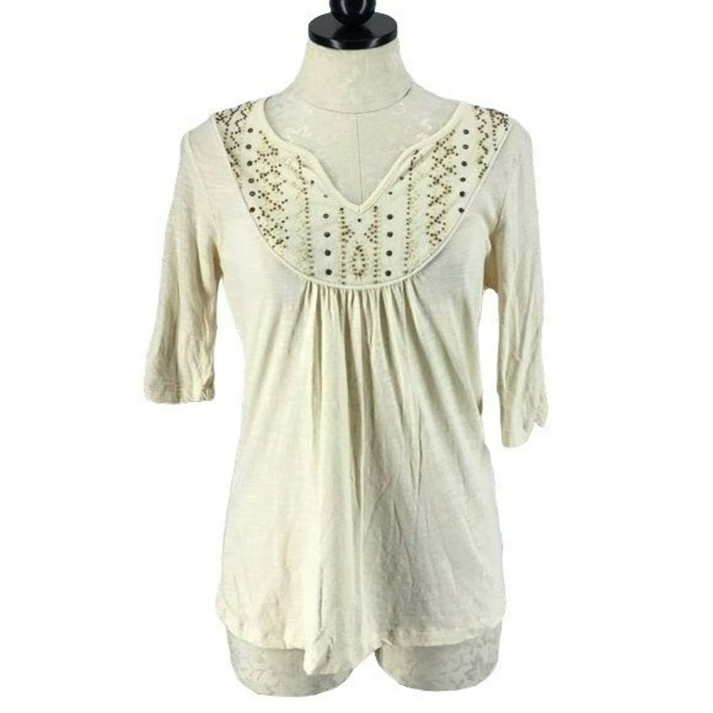 Reba Cream Beaded Studded Neckline 3/4 Sleeve Boho Top Small
